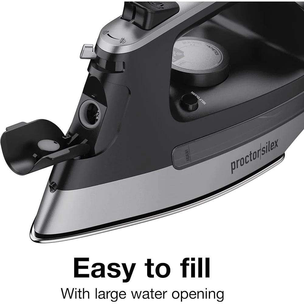 Прочный паровой утюг мощностью 1500 Вт с подошвой из нержавеющей стали. Выдвижной шнур длиной 8 футов. 3-стороннее автоматическое отключение. Легкое наполнение. Защита от капель.