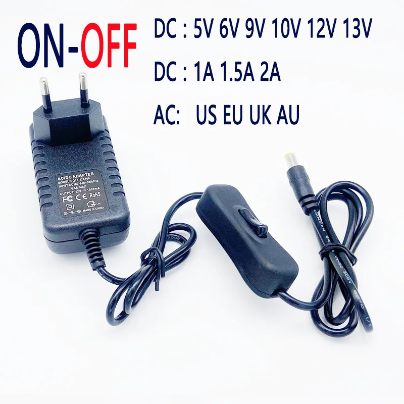 DC 5V 6V 9 10V 12 13V regulated power supply AC 110V 220V switching power supply1A 1.5A  2A LED power adapter with switch button