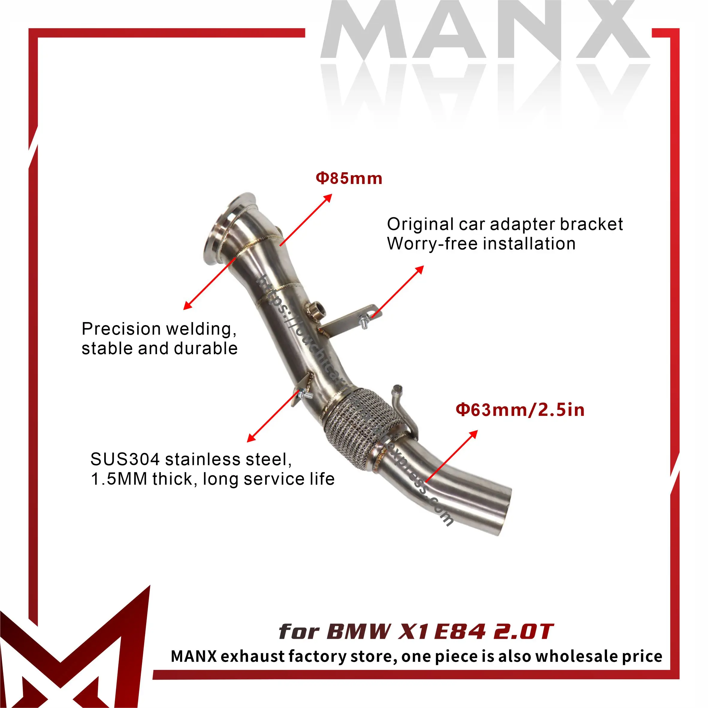 

Выхлоп MANX для BMW X1 E84 2,0T, водосточная труба 63 мм/2,75 дюйма без теплового экрана, установка без потерь, ручная сварка TIG