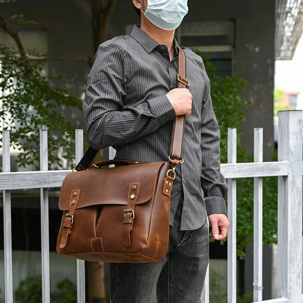Leather Briefcase 14 Inch Computer Handbag Shoulder Messenger Casual Simple Fashion Versatile First Layer Cowhide  Business Bag