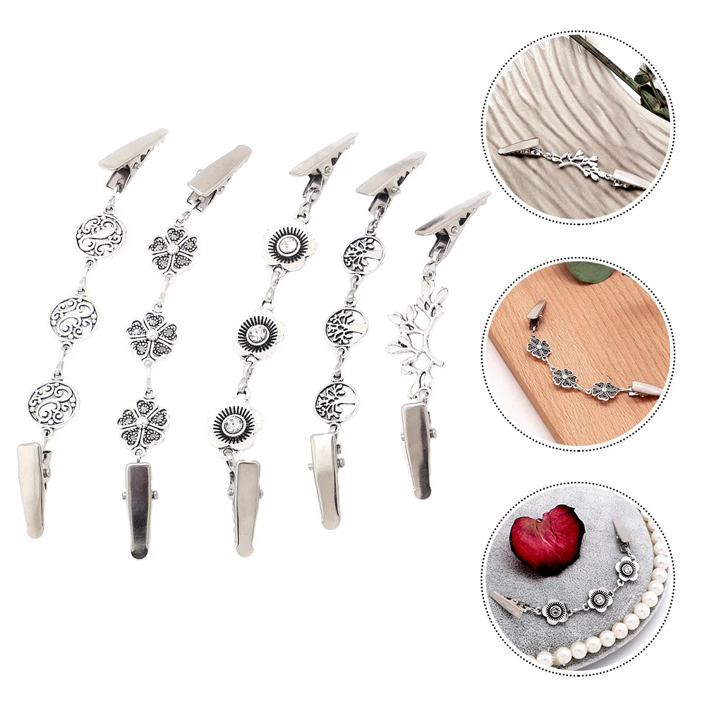 

5pcs Cardigan Clip Vintage Silver Shawl Scarf Clips Sweater Chain Clasp Retro Shirt Pin Brooch Women Accessories Fashion Jewelry