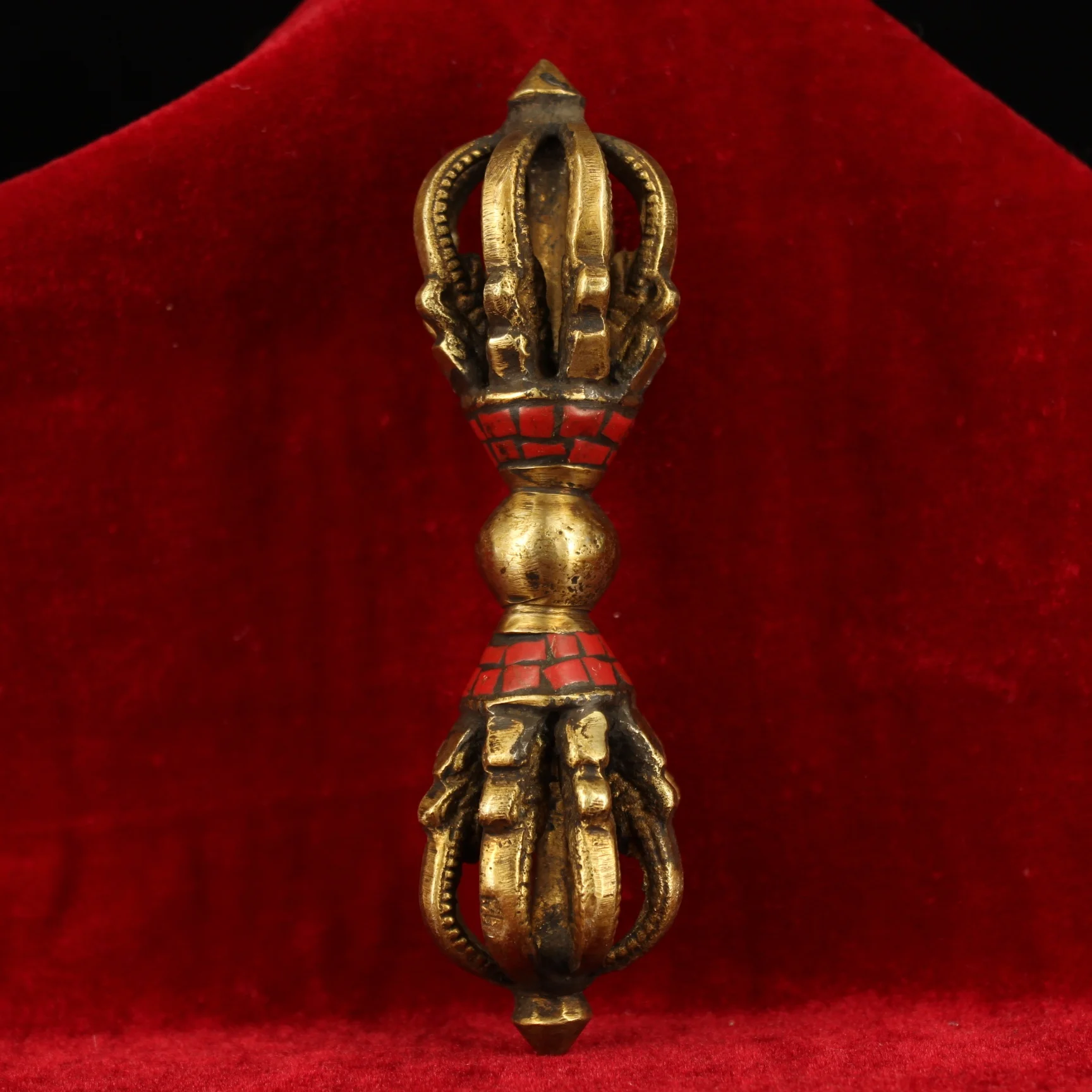 Pure Brass Handmade Nine-Pronged Vajra Ritual Object Inlaid with Gems Tibetan Traditional Craft Old Collection