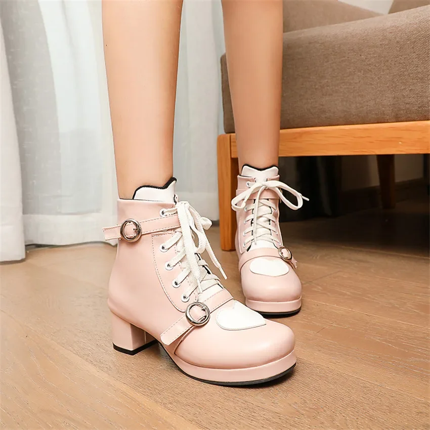 Winter Lolita Ankle Boots Women Pink White High Block Heels Party Lady Round Toe Sweet Princess Lace Buckle Short Platform Boots view 4
