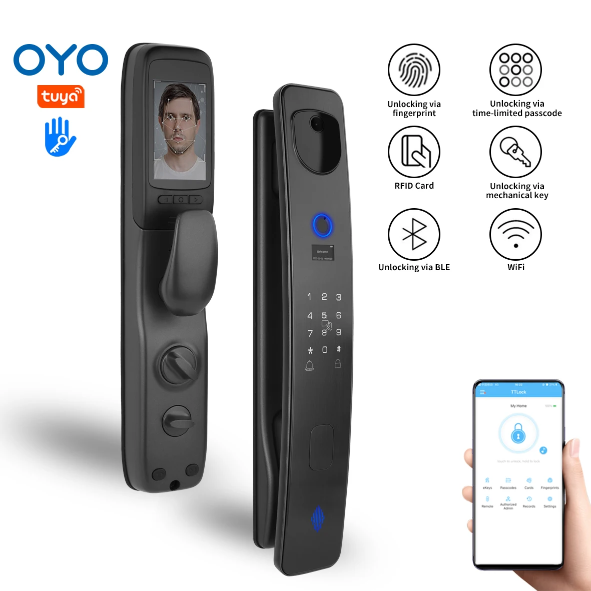 004 OYO Intelligent Smart Fingerprint With NFC Camera Electronic RFID Handle Password Deadbolt Luxury Automatic Door Lock Cylind