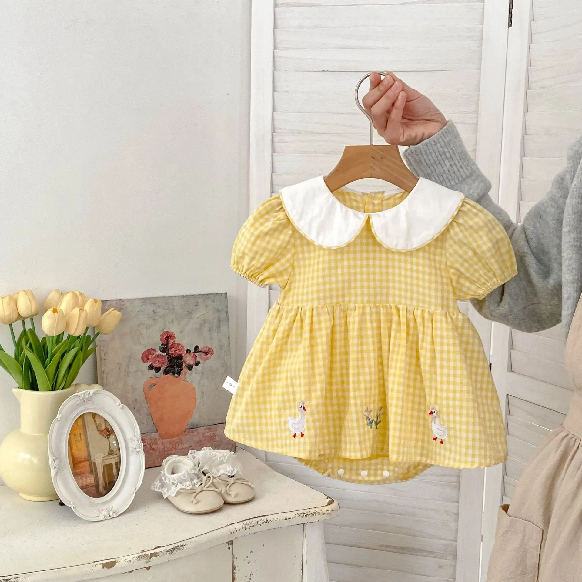 

2026 Baby Summer New Onesie Plaid Cute Embroidered Fart Jacket Jumpsuit Climbing Suit