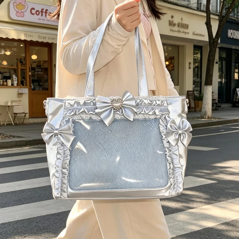 Ita-Tasche mit Klarsichtfenster für Abzeichen, Pins und Puppen, Japanische Süße Niedliche Satin-Schleife mit Spitzenbesatz, Große Kapazität Handtasche – Detail 14