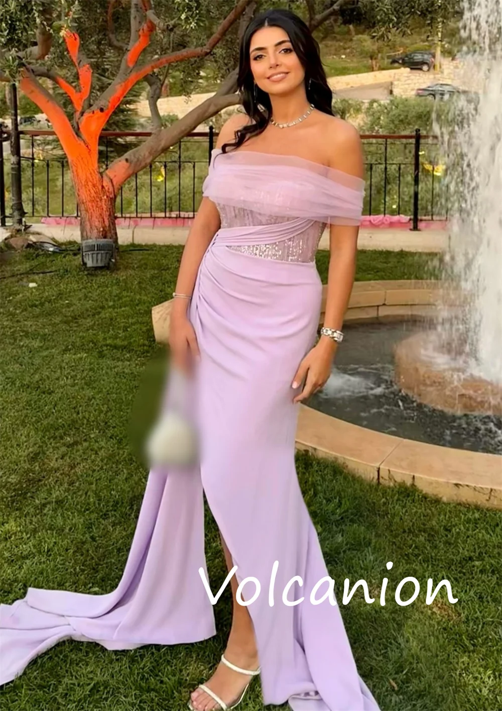 Customized Sizes Available Jersey Sequined Pleat Trumpet Off-the-shoulder Long Dresses Bespoke Occasion Retro