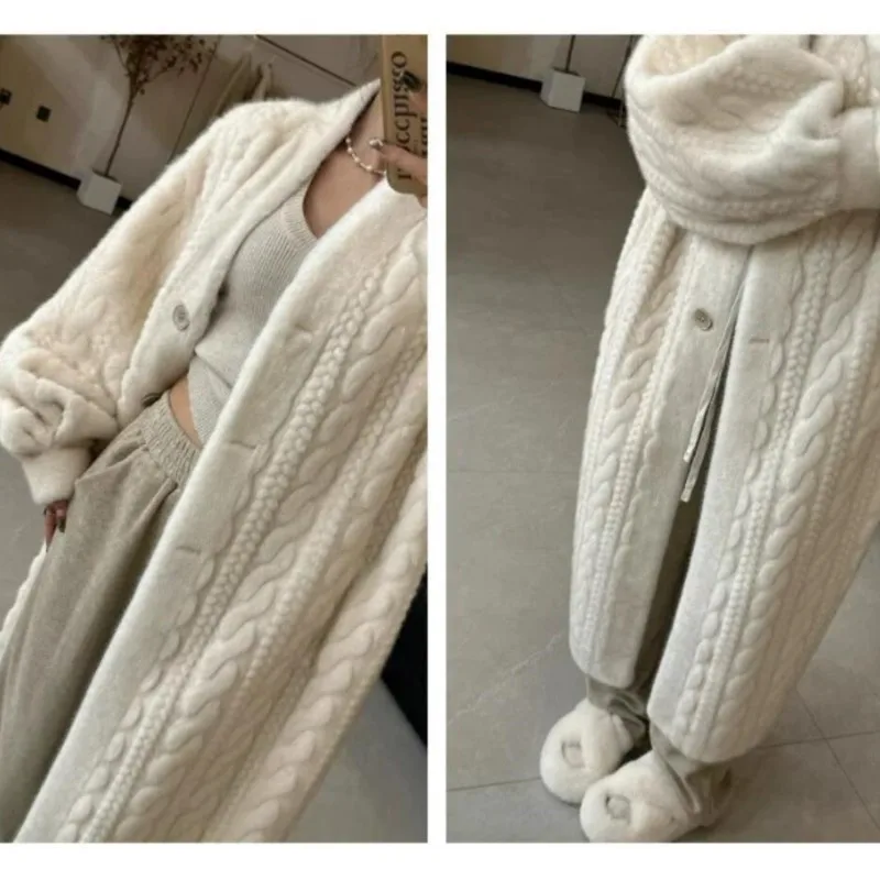 Casaco de pele de vison falso para mulheres, casaco longo, outerwear solto, casaco quente, padrão torção, abaixo do joelho, estampagem cáqui claro, manga cheia, CHIC, inverno