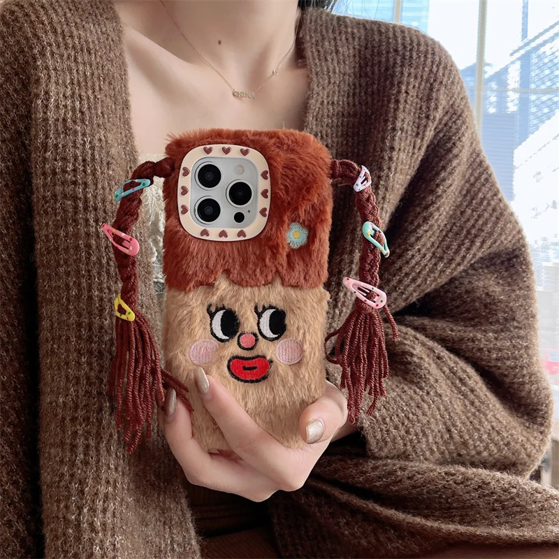 Capa de pele 3d de pelúcia fofa de desenho animado para iphone 16 pro max capa macia fofa diy trança para iphone 15 13 12 14 pro max i11 meninas