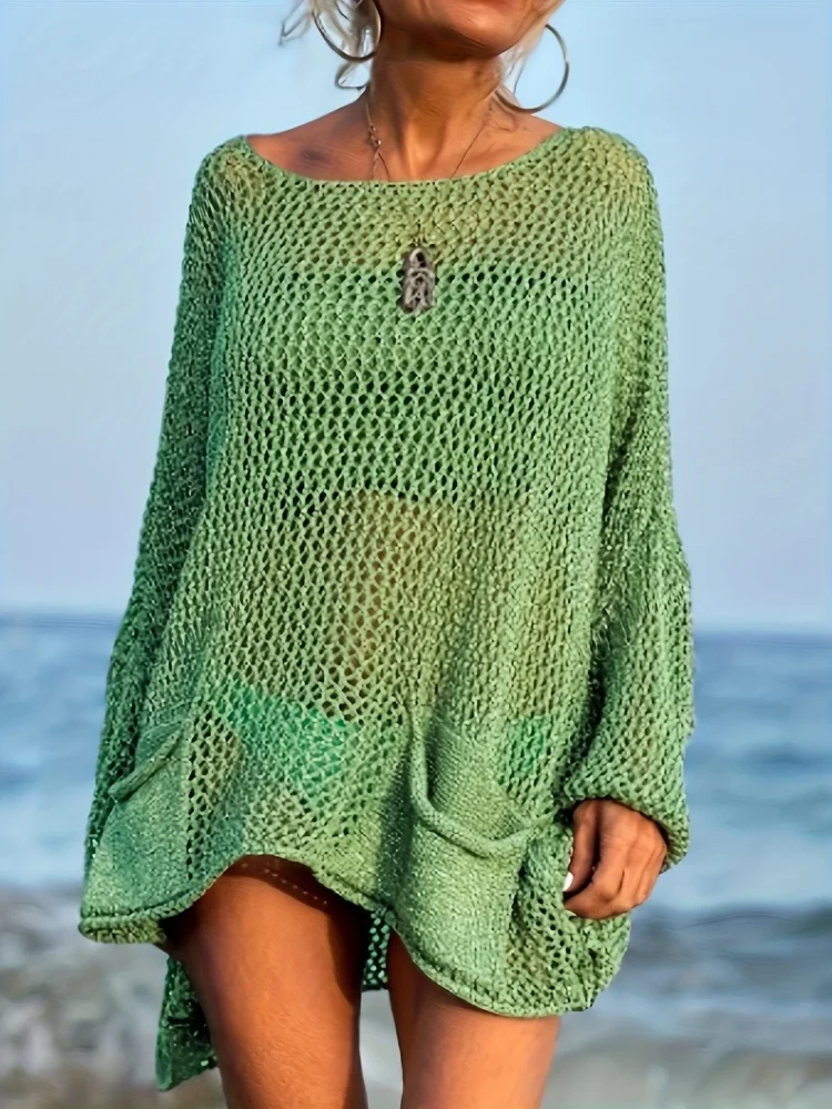 Europäische und amerikanische Übergrößen-Strandbluse für Damen im Urlaubsstil – sexy, ausgehöhltes Strick-Oberteil mit Taschen für Frauen – Detail 6