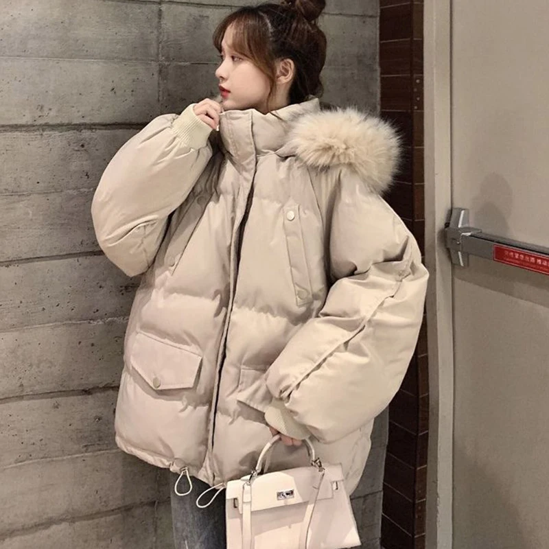 Rimocy Hooded Fur Collar Loose Parkas for Women Winter Pockets Thicken Warm Jacket Woman Zipper-Up Cotton Padded Jacket Ladies