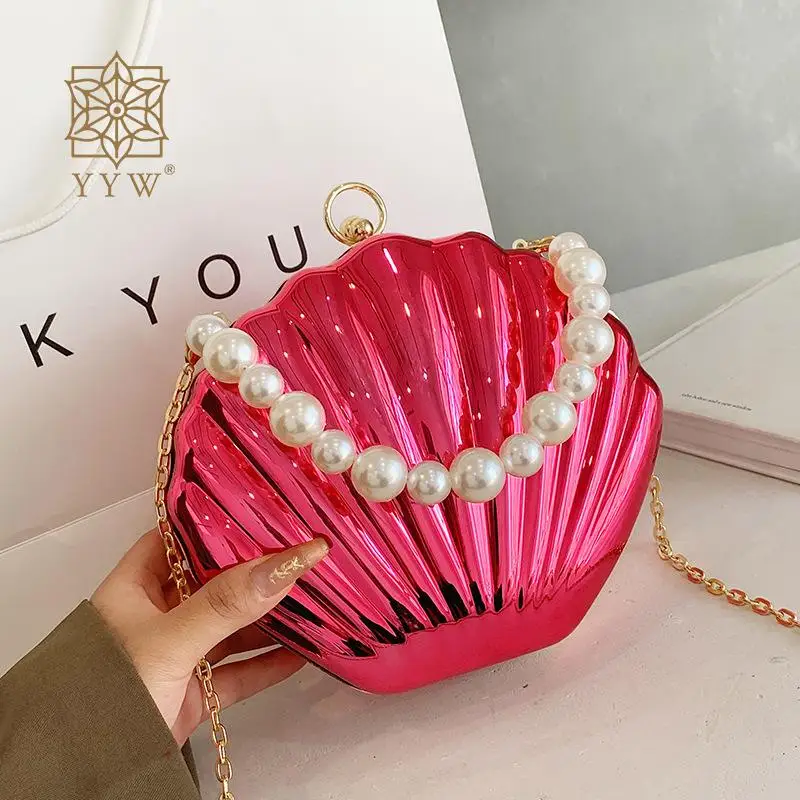 Acrylic Shell Shaped Evening Clutch Handbag with Pearl Top Handle Fashion Plating Women Wedding Banquet Purse Chain Shoulder Bag