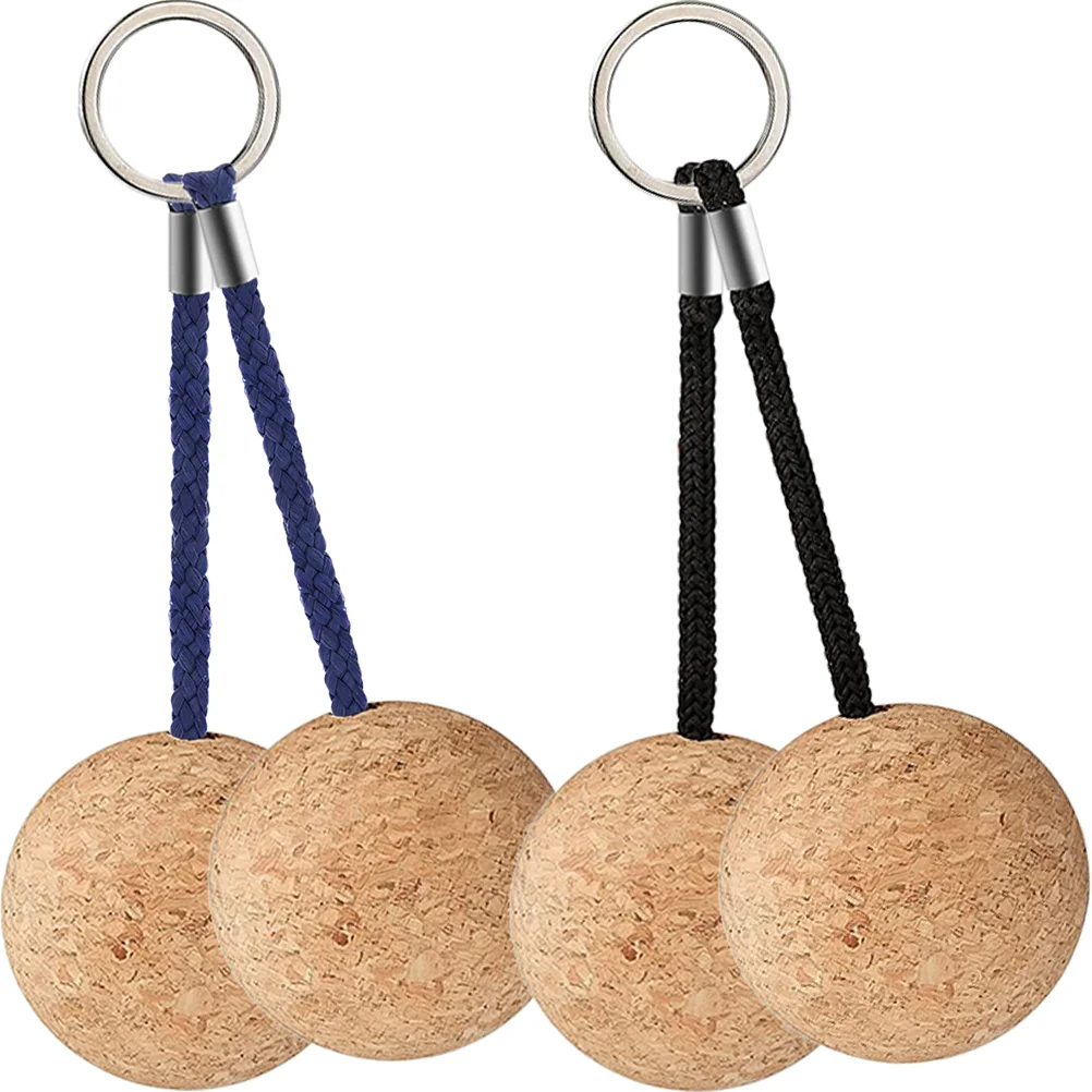 4 Pcs Wooden Ball Key Ring Conspicuous Keychain Floating Cork Round Water Sports Boating Keyring for Keys Surfing