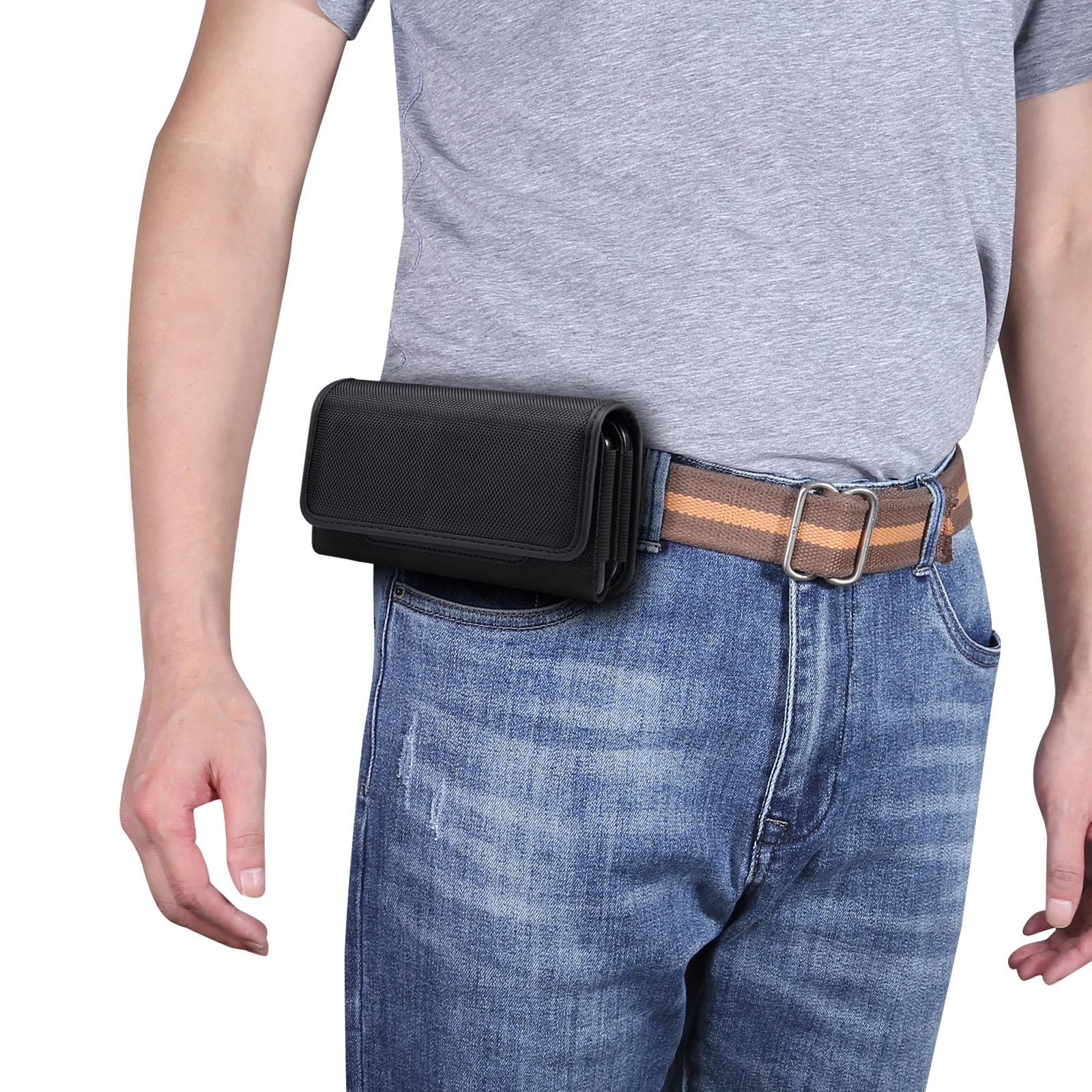 Nylon Waterproof Dual Pouch 2 Mobile Phone Belt Clip Case Holster For iPhone 14 Pro Xiaomi Redmi Note 11 9 Samsung Men Waist Bag