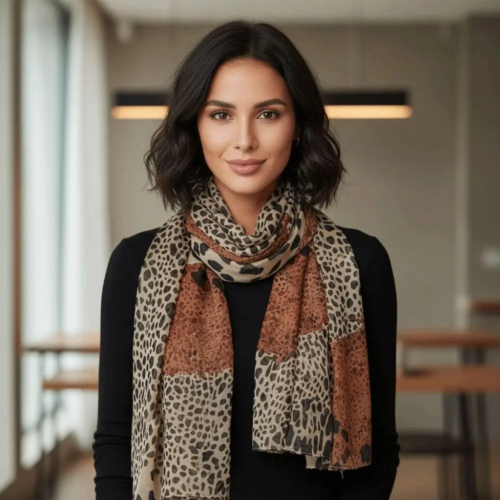 

Fashion Patchwork Design Leopard Print Scarf Chiffon Ventilate Fabric Women Shawl Wraps Silk Scarf Female Fashion