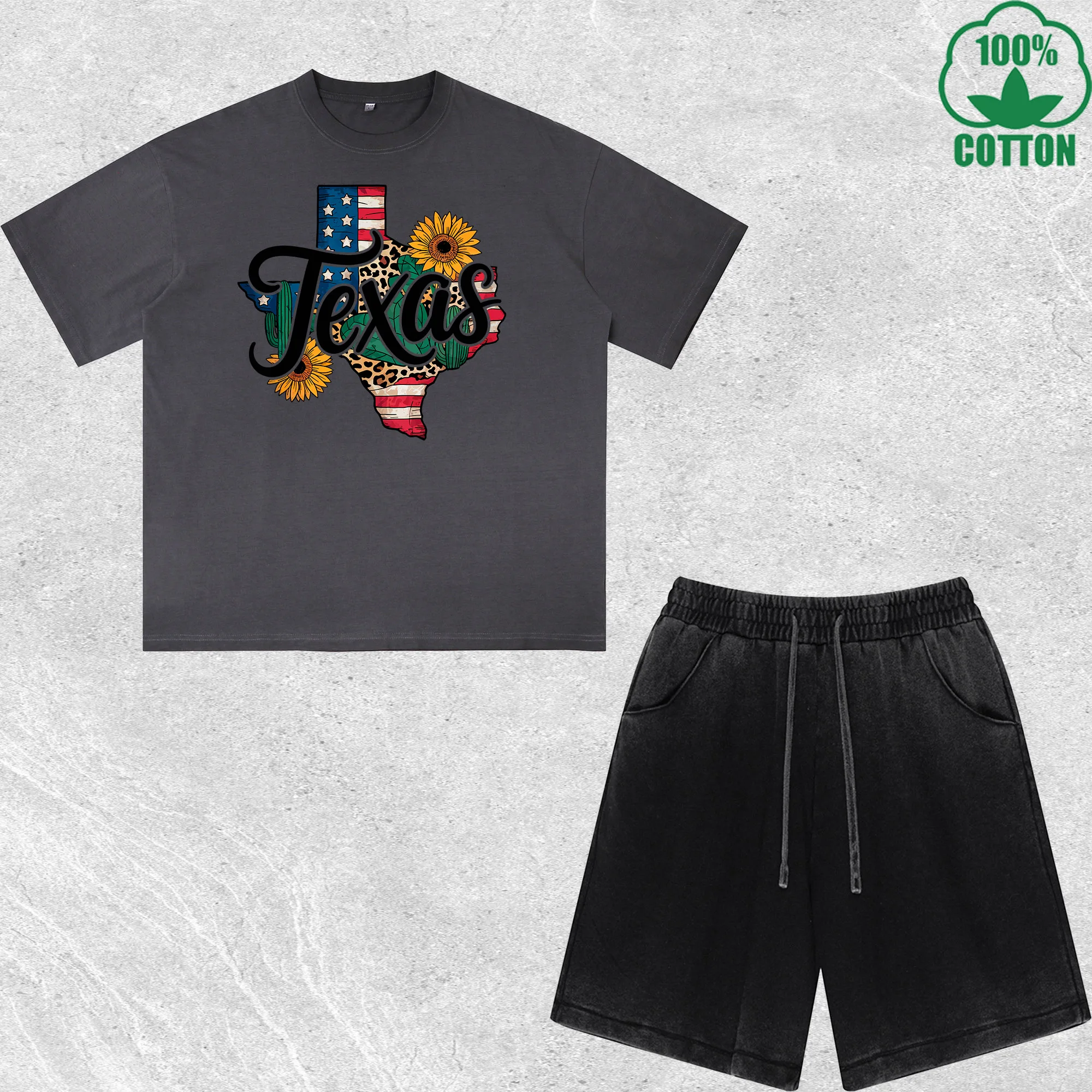 

Texas Printed Dirty Wash T-Shirt Shorts Set Multicolor Combo Loose Trendy 100%Cotton