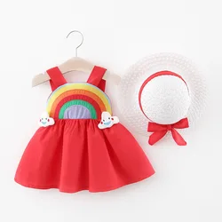 Children's New Girls' Strap Back Elastic Waist Dress Children's Rainbow Cloud Solid Princess Dress Baby and Child Cute Summer Dr