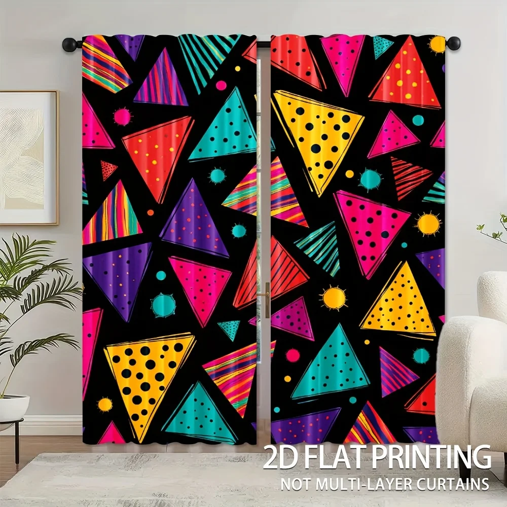 Rainbow Triangle Blackout Rod Pocket Curtain Dotted Striped Triangle Bold Color Decor Game Room Art Studio Homestay Bedroom
