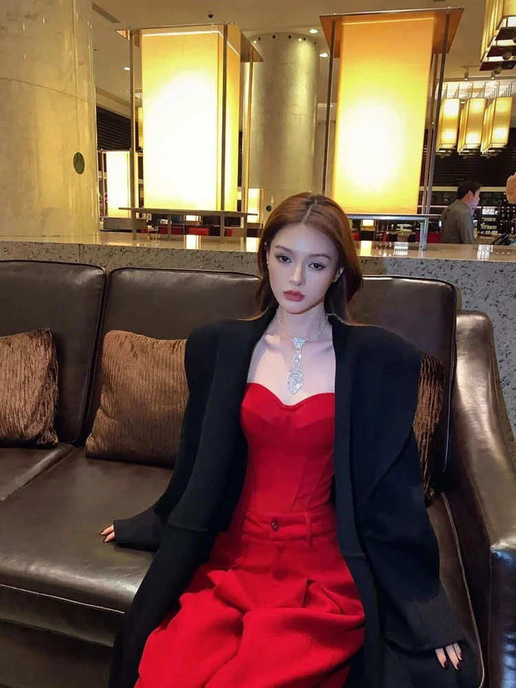 

Red New Year Outfit Women's Elegant Countess Heavy Work Fishbone Strapless Top High Waist Wide Leg Pants Set Fashionable Ense...
