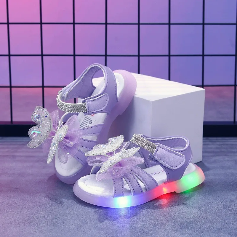 

Kids'Sandals Shoes Butterfly Led Light PU Leather Summer Shoes For Girls Anti-slip Breathable Pink Purple Shoes Size 21-30