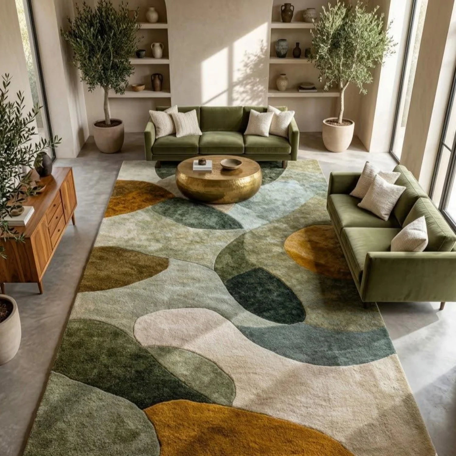 Room Decor Rug  Modern Abstract Area Rug Green Beige Mustard Rug Mid Century Modern Carpet Organic Shape Living Room Rug Contemporary Scandinavian Floor Rug