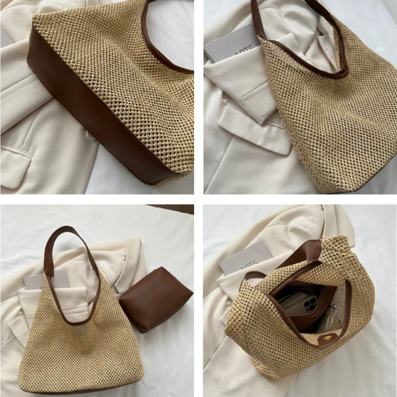 Casual Beach Summer Popular Woven Mother-in-law Bag 2024 Fashionable One-shoulder Seaside Travel Beach Straw Bag Drop Shipping