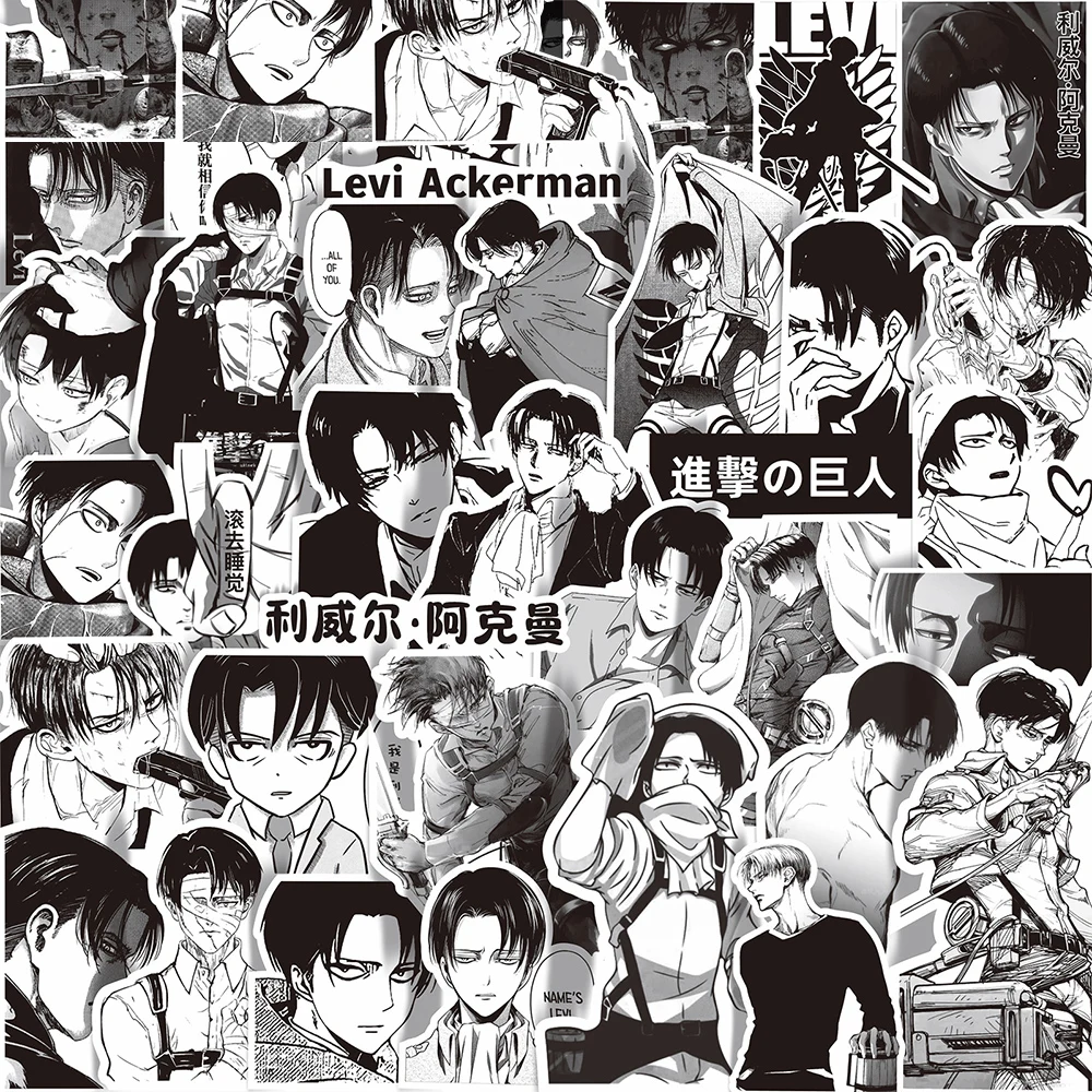 10/30/65pcs Cool Levi Ackerman Black White Stickers Attack on Titan Anime Characters Decals Sticker for Laptop Skateboard Phone