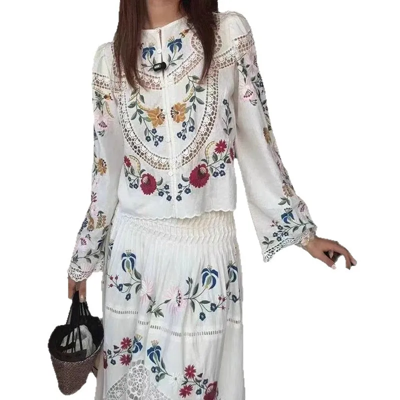 

【Gift Free】Spring Autumn New Retro Ethnic Hollow Embroidered Round Neck Button-Down Long Sleeve Shirt for Women
