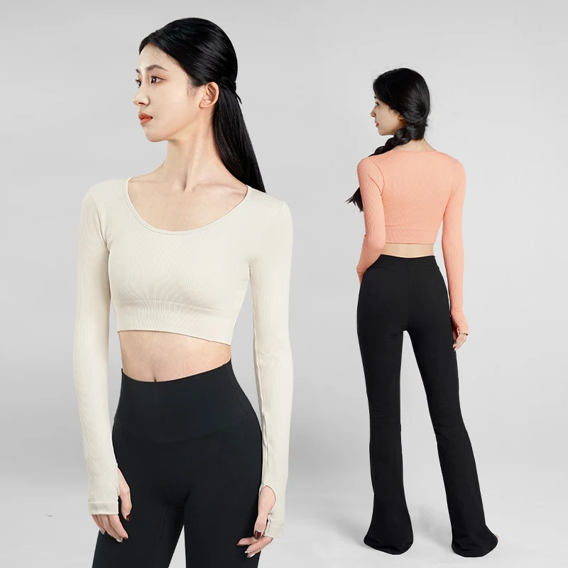 امرأة الكبار محبوك الرقص المحاصيل القمم طويلة الأكمام اليوغا الرياضة الرقص البلوز القمم مردف زي الياقة المستديرة الباليه القمم #2