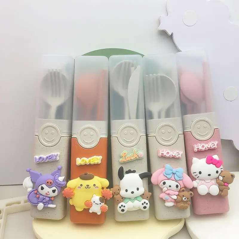 Kawaii Hello Kitty Sanrio Tableware Kuromi My Melody Cinnamoroll Student Fork Spoon Chopsticks Knife Wheat Straw Cutlery Set