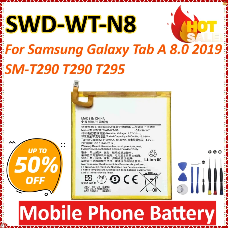 

New SWD-WT-N8 5100mAh for Samsung Galaxy Tab A 8.0 2019 SM-T290 T290 T295 High Quality Replacement Mobile Phone Battery+Tools