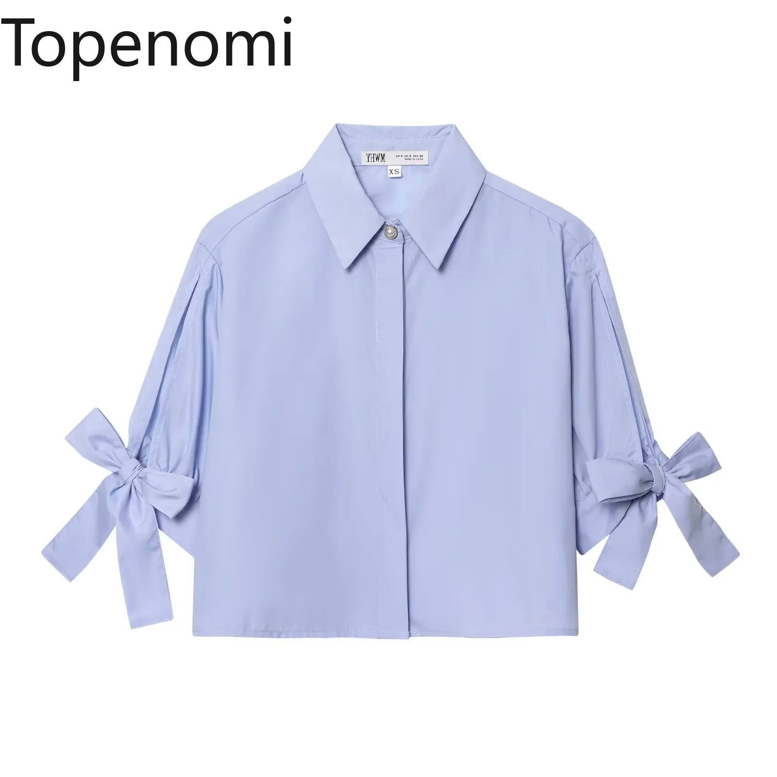 

Topenomi Bow Lace Up Short Sleeve Shirts Women 2025 Summer Blue Lapel Single Breasted Crop Top Sweet Loose Versatile Blouse Chic