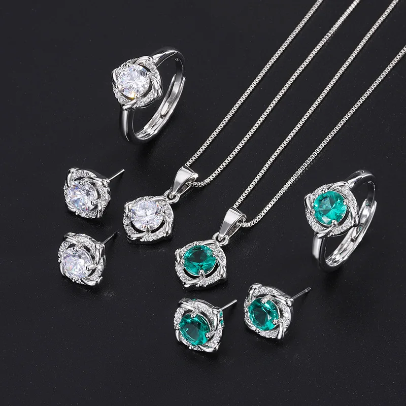 

Jewelry Three-Piece Set S925 Silver Needle White Diamond Green Diamond Earrings Ring Pendant Necklace