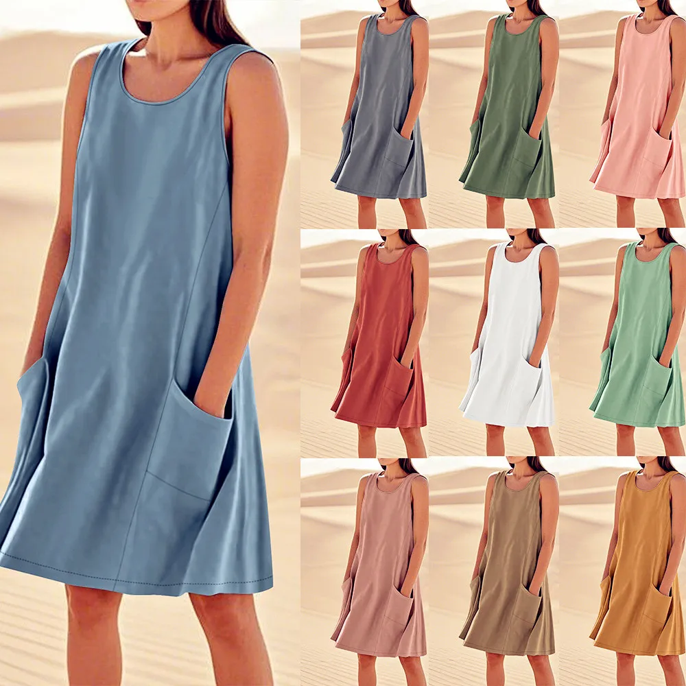 여성 느슨한 빈티지 프릴 Befree 드레스 섹시한 포켓 여름 조끼 탱크 Boho 캐주얼 휴일 파티 우아한 미디 드레스