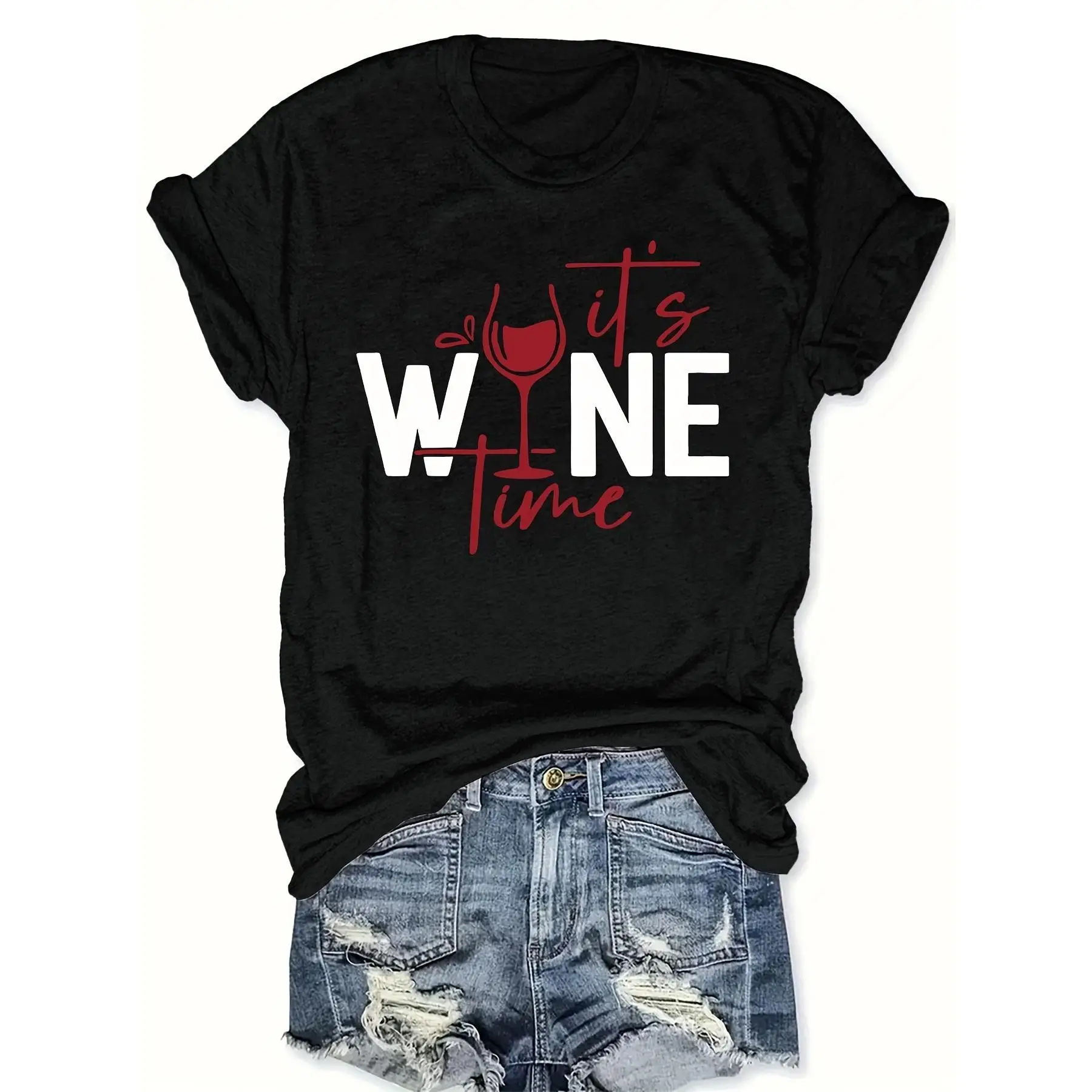 

It's Wine Time T-shirt Women Funny Graphic Tee Wine Lover Gift Tops Casual Loose Blouse