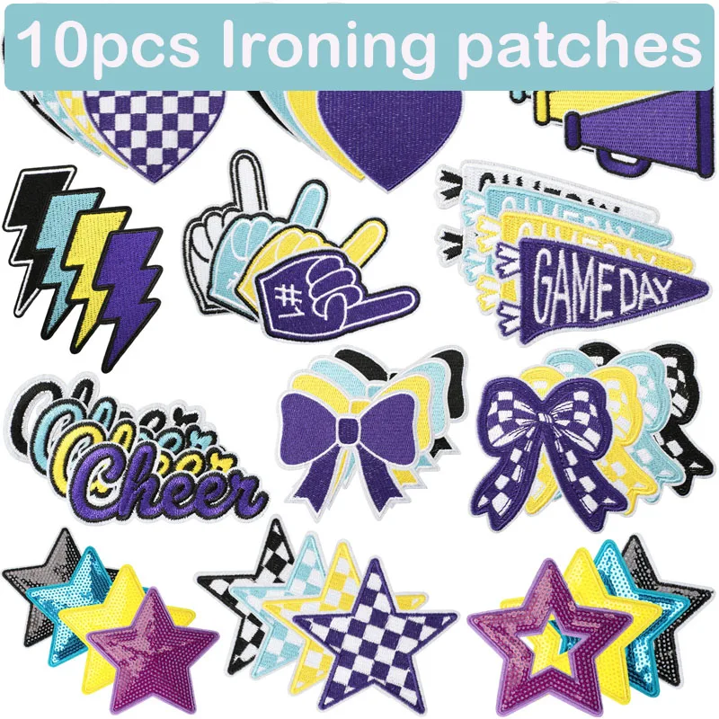 10Pcs Cheer Game Day Iron on Patches Yellow Blue Embroidery Sports Cheerleader Ironing Applique for Clothing Bag Hat DIY Decor