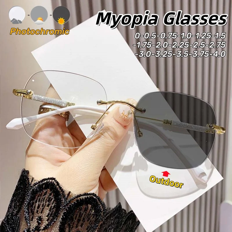 

Frameless Cut Edge Photochromic Myopia Glasses High-definition Blue Light Blocking Eye Protection Men Women Eyeglasses 0 TO -4.0