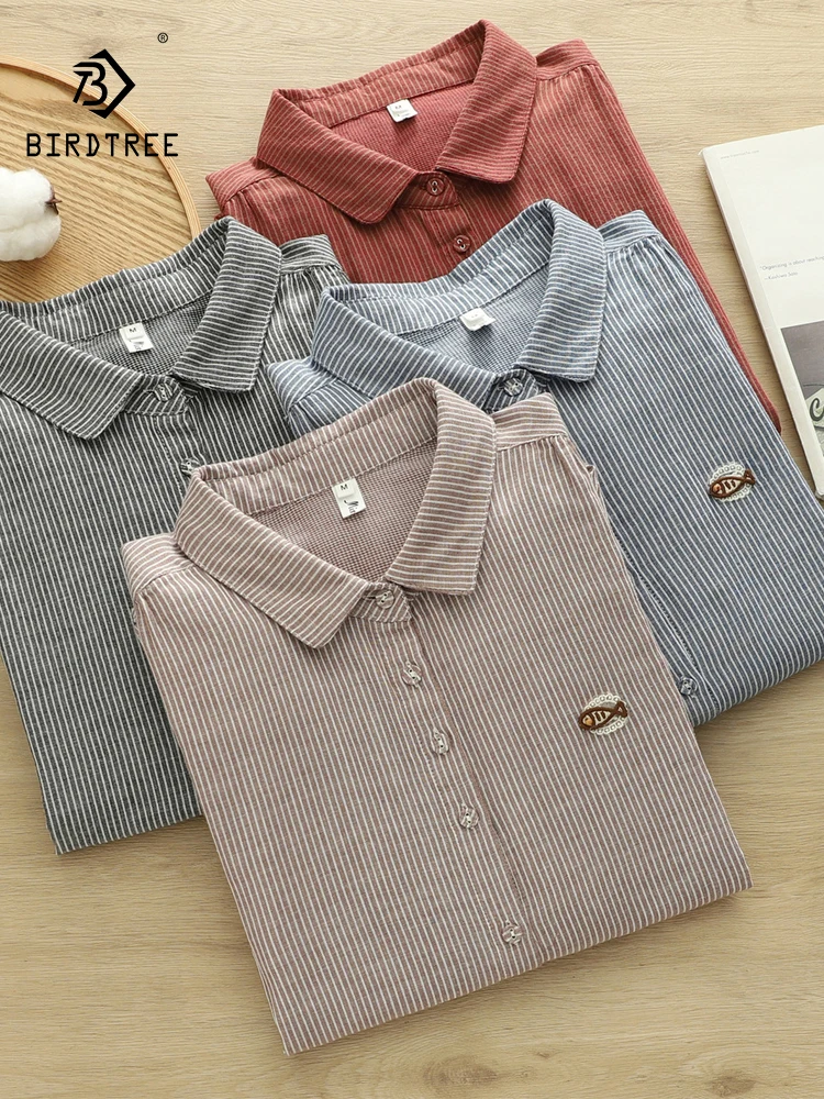 

New 2025 Autumn Cotton Yarn Long Sleeve Shirt, Women Lapel Embroidery Striped, Mori Girl Fashion Casual Loose Blouse T59626CC