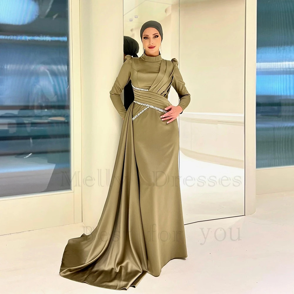 

High Neck Full Sleeve Evening Dresses for Women 2023 Summer New Beading Satin Prom Gowns Sheath Real Picture Robe De Soirée