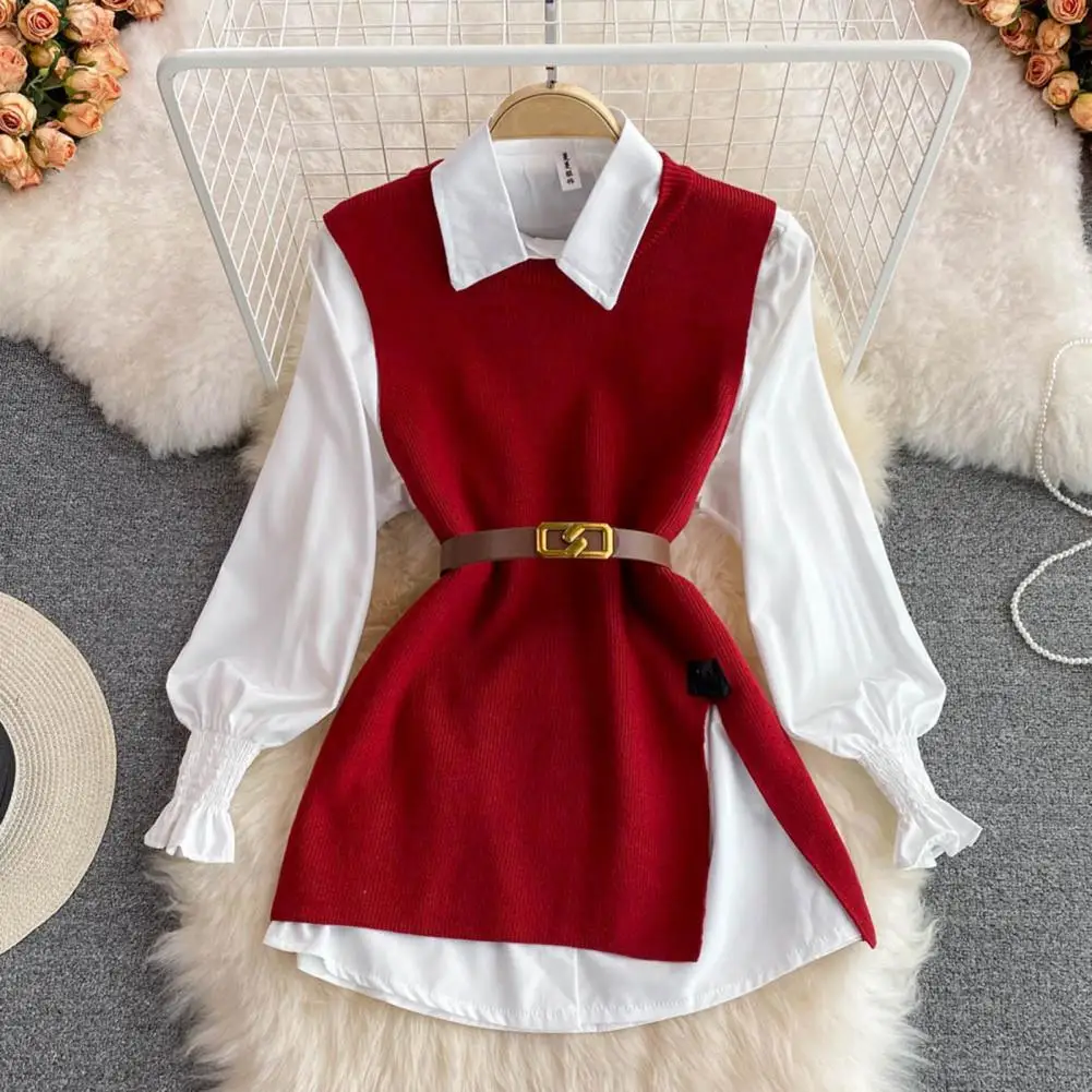 3Pcs/Set Women Shirt Vest Set With Belt Lapel Lantern Long Sleeve Single Breasted Shirt O-neck Side Slit Knitting Vest Set