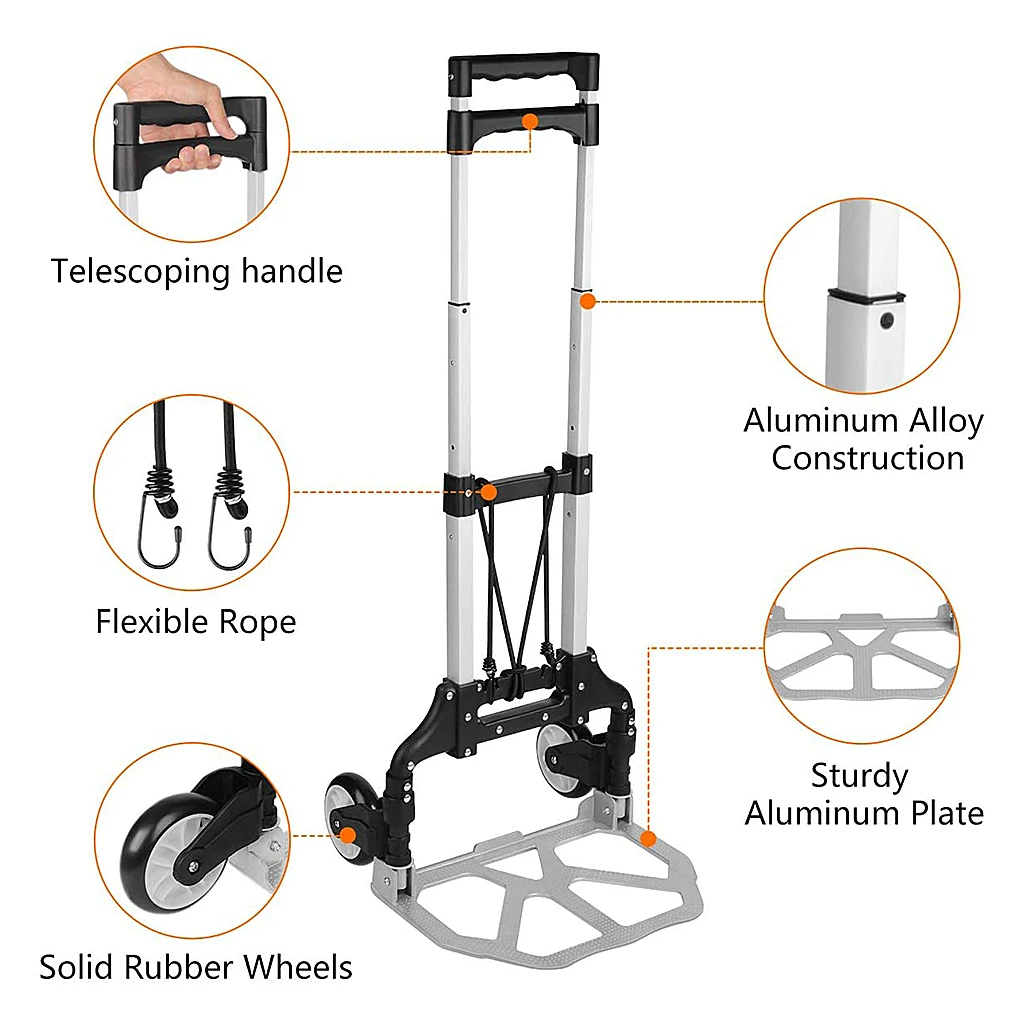 Folding Luggage Truck 75KG with Bungee Cord Heavy Foldable Trolley for Upstairs Cargo Protable Home Travel Shopping Cart