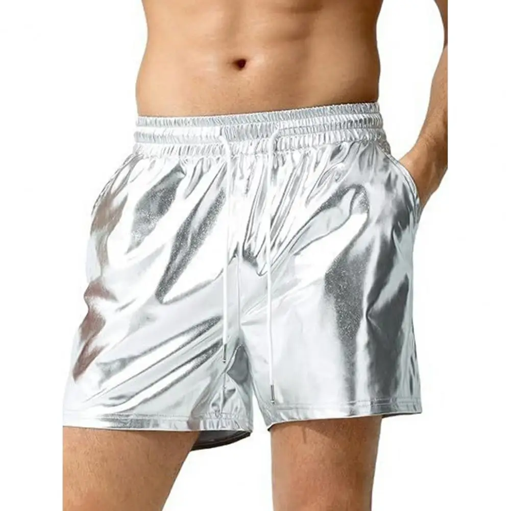 Sparkling Men Shorts Bright Color Shiny Shorts Elastic Waist Adjustable Drawstring Wide Leg Shorts Beach Casual Short Pants