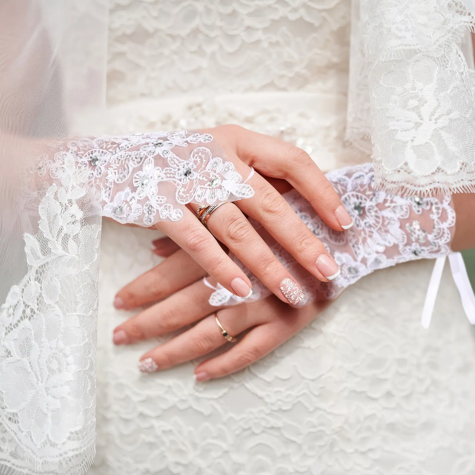 1Pair Formal Gloves Lace Design Rhinestone Embellished for Flower Role Stage Dance Performance Party Outfit