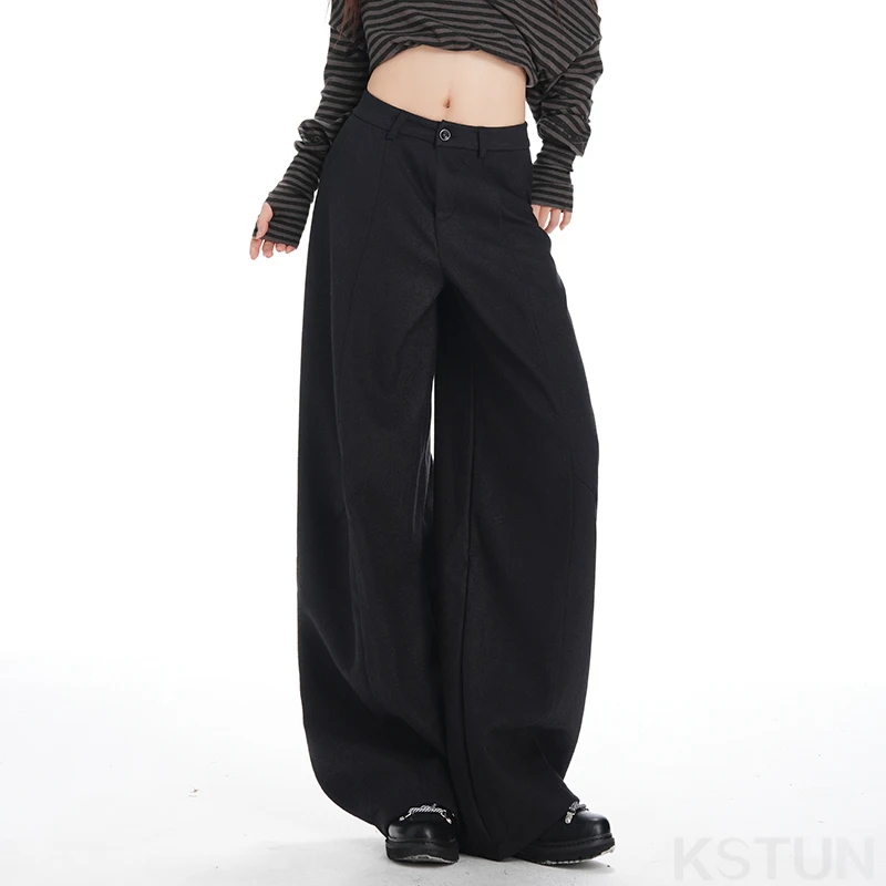 KSTUN Women's High Waisted Wide Leg Black Trousers Elegant Pants Handing Feeling Straight Leg Casual Look Womens Clothing