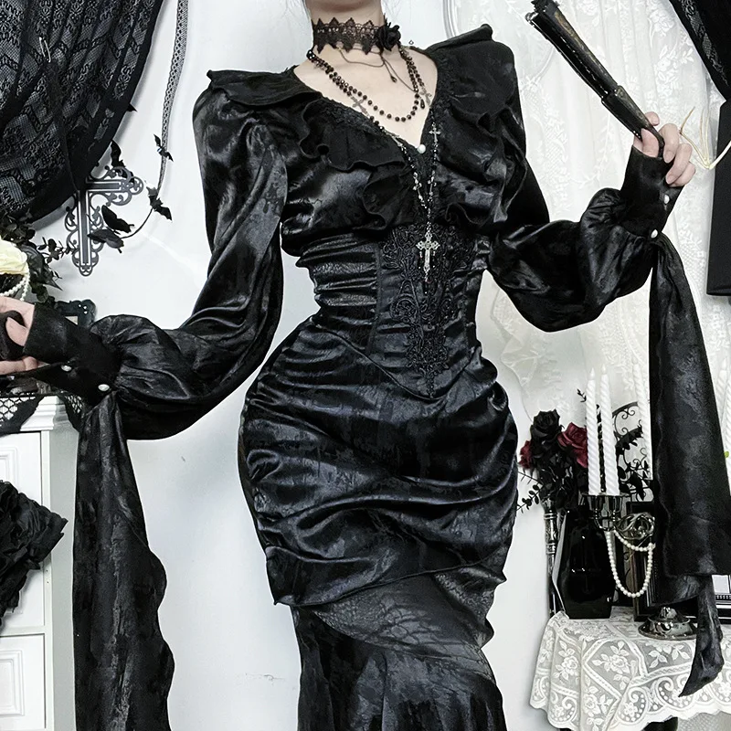 

Готическая рубашка с длинным рукавом и V-образным вырезом, юбка-полусолнце с эффектом рыбьего хвоста, свободный крой, полиэстер, темная субкультура, косплей-костюм