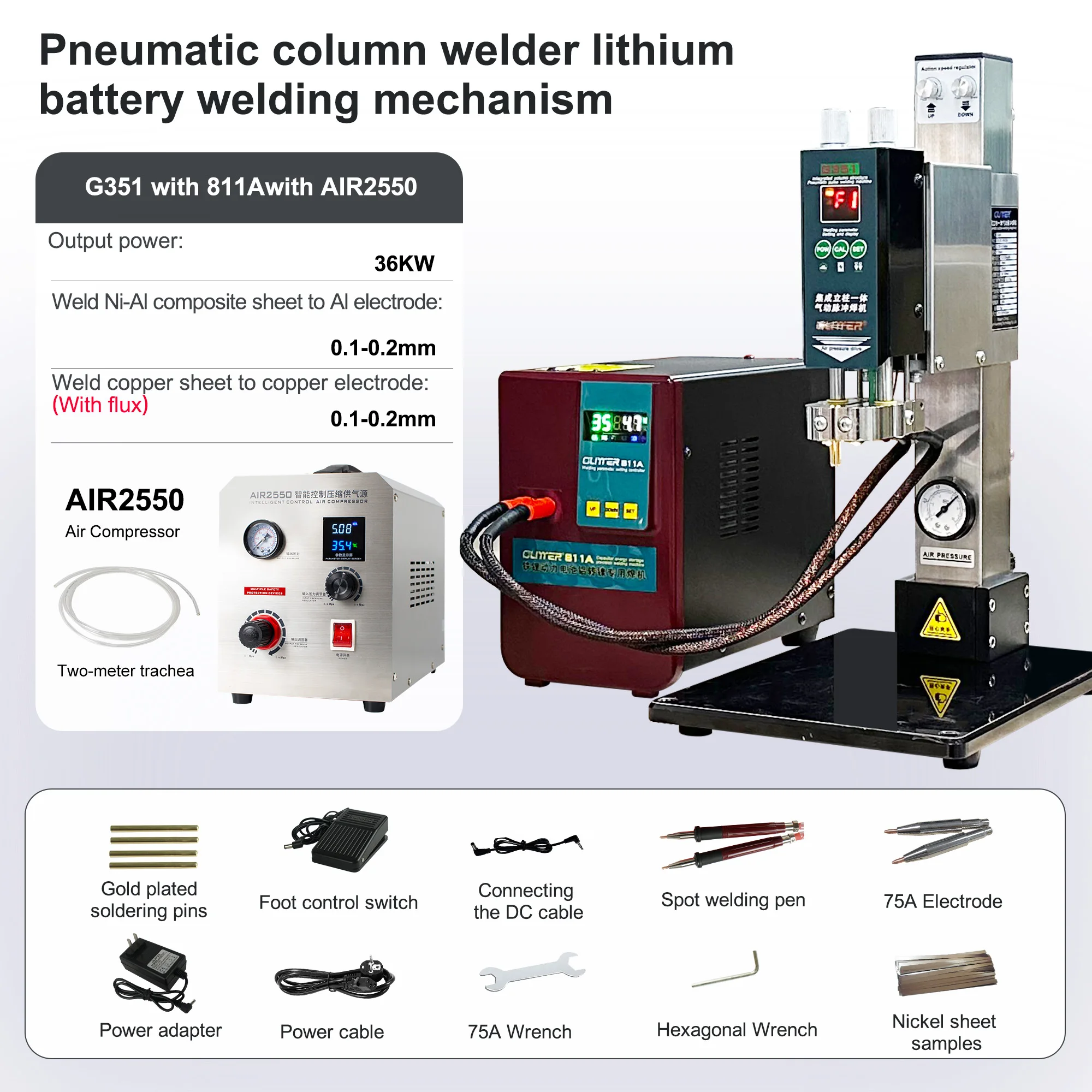 G351 Glitter Parallel Welding 36kw 811A/42kw 811H + AIR2550 Pneumatic Column Welder Lithium Battery Welding Machine Spot Welding