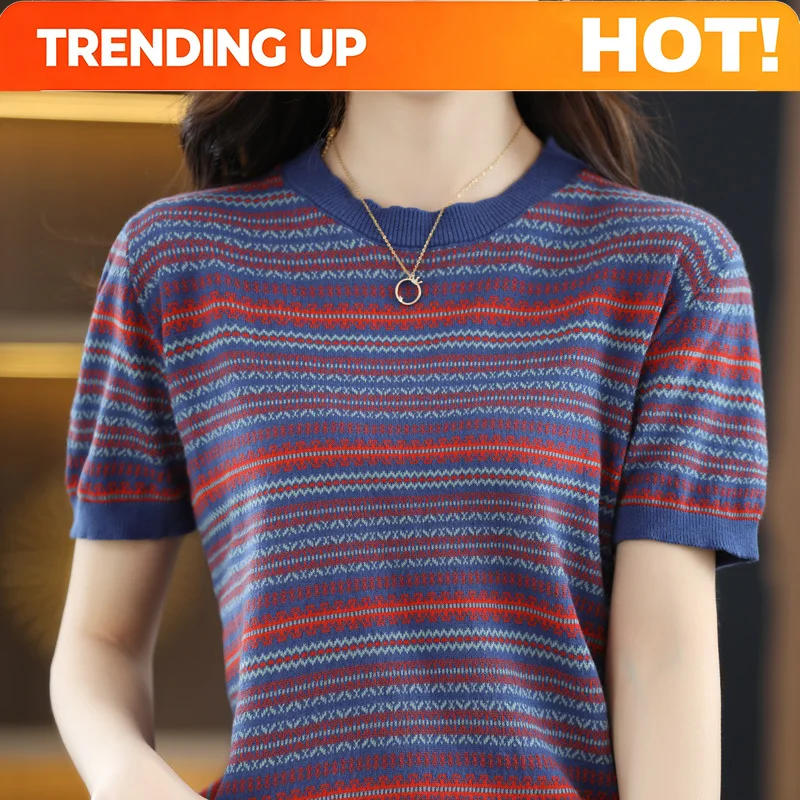 Customization 100% Cotton Round Neck Knit Top For Women Short-Sleeved Summer New Style All-Cotton Color-Blocked Half-Sleeve T-Sh