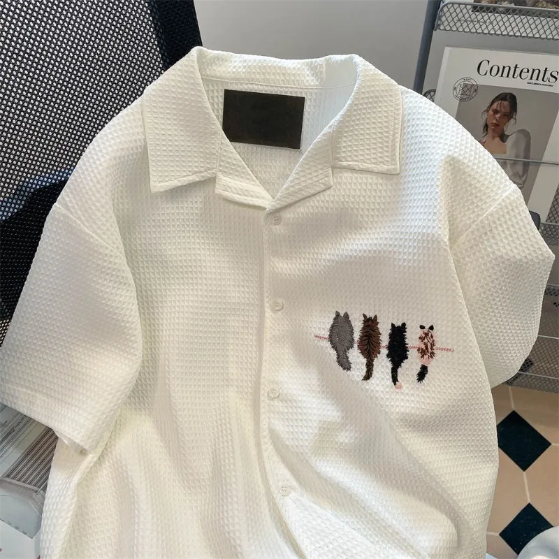 XEJ-Camisa de manga corta con bordado de gato blanco para mujer, blusa elegante y juvenil, Top de verano, 2024