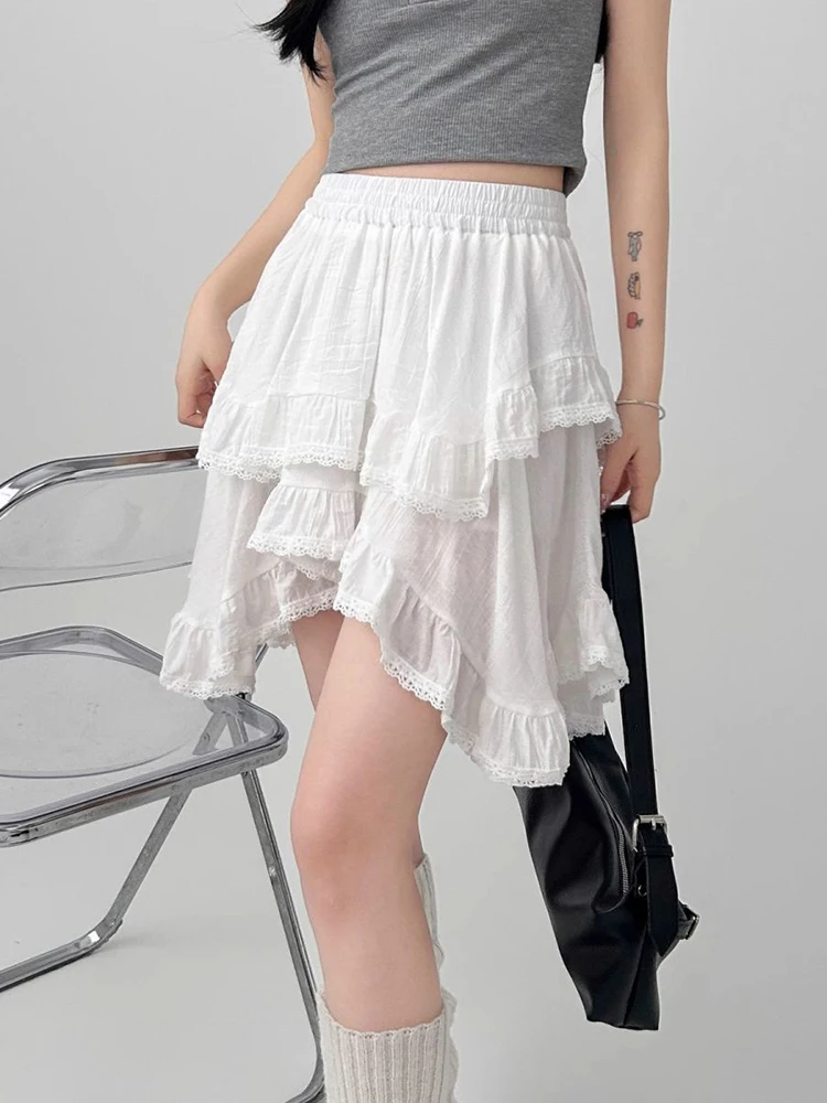 Jmprs Preppy Style White Mini Skirt Women High Waist Loose Sweet A Line Skirts Korean Fashion Irregular Ruffles Elegant Skirt