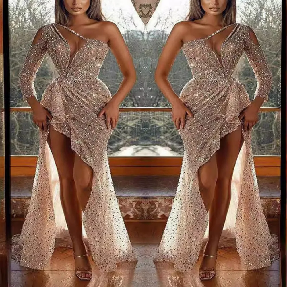 Reflection Sequin Sparkly One Shoulder Sexy Evening Dresses for Women High Side Silt Floor Length Lace Bodysuit Evening Dresses